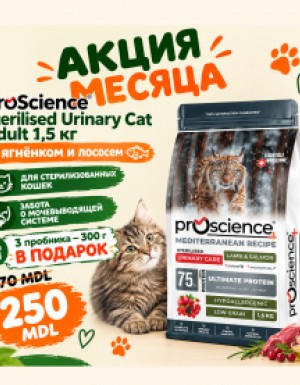 <p><strong>ProScience Sterilised Urinary Cat Adult&nbsp;Lamb, Salmon -&nbsp;</strong>полнорационный и сбалансированный экструдированный сухой корм для стерилизованных кошек с ягненком и лососем. Содержит <strong>75% белка животного происхождения</strong>, отличается гипоаллергенной формулой с пониженным содержанием злаков и обеспечивает полноценное ежедневное питание.</p>