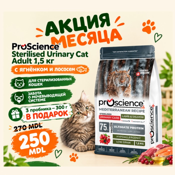 <p><strong>ProScience Sterilised Urinary Cat Adult&nbsp;Lamb, Salmon -&nbsp;</strong>полнорационный и сбалансированный экструдированный сухой корм для стерилизованных кошек с ягненком и лососем. Содержит <strong>75% белка животного происхождения</strong>, отличается гипоаллергенной формулой с пониженным содержанием злаков и обеспечивает полноценное ежедневное питание.</p>