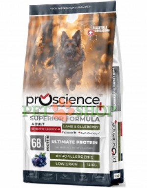 <p><strong>ProScience Adult Dog Sensitive Lamb, Blueberry</strong> este o hrană uscată extrudată, completă pentru c&acirc;ini adulți de toate rasele, cu miel și afine. Datorită formulei hipoalergenice cu conținut redus de cereale, hrana este potrivită pentru c&acirc;inii cu digestie sensibilă.</p>