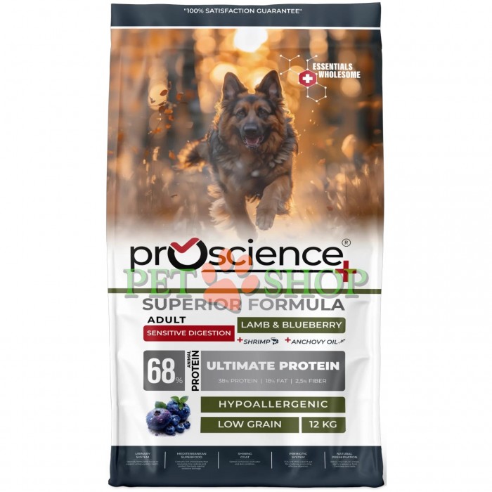 <p><strong>ProScience Adult Dog Sensitive Lamb, Blueberry</strong> este o hrană uscată extrudată, completă pentru c&acirc;ini adulți de toate rasele, cu miel și afine. Datorită formulei hipoalergenice cu conținut redus de cereale, hrana este potrivită pentru c&acirc;inii cu digestie sensibilă.</p>