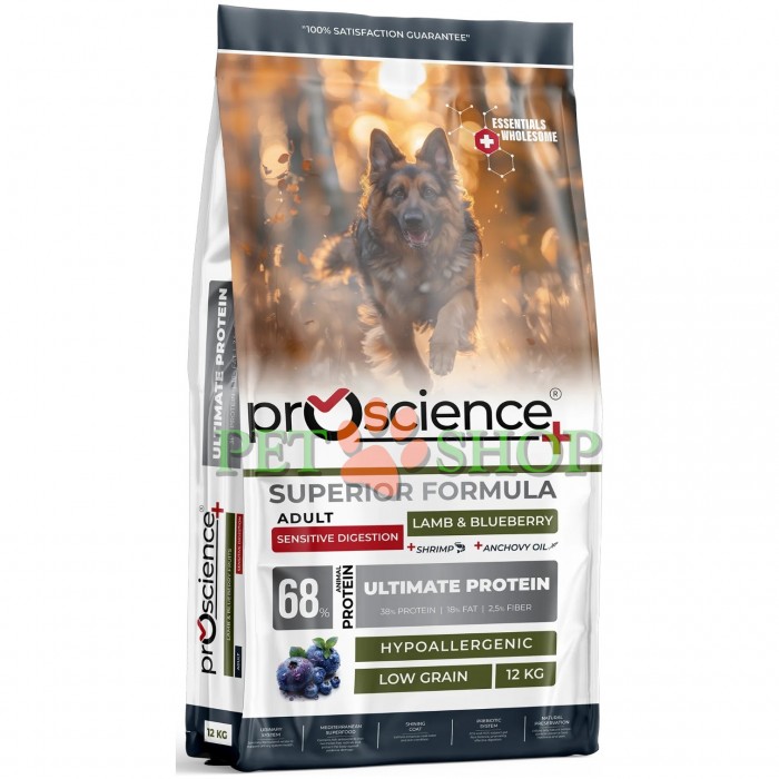 <p><strong>ProScience Adult Dog Sensitive Lamb, Blueberry</strong> este o hrană uscată extrudată, completă pentru c&acirc;ini adulți de toate rasele, cu miel și afine. Datorită formulei hipoalergenice cu conținut redus de cereale, hrana este potrivită pentru c&acirc;inii cu digestie sensibilă.</p>