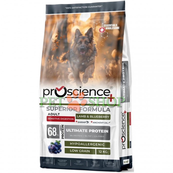 <p><strong>ProScience Adult Dog Sensitive Lamb, Blueberry</strong> este o hrană uscată extrudată, completă pentru c&acirc;ini adulți de toate rasele, cu miel și afine. Datorită formulei hipoalergenice cu conținut redus de cereale, hrana este potrivită pentru c&acirc;inii cu digestie sensibilă.</p>