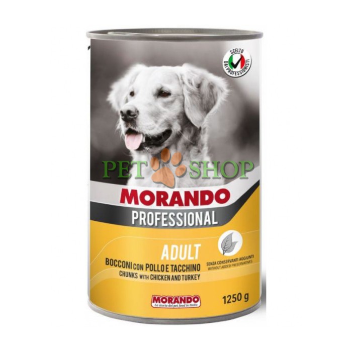 <p><strong>Morando Pollo e Tacchino 1250 gr</strong> <strong>bucăți pui și curcan în sos pentru câini</strong></p>