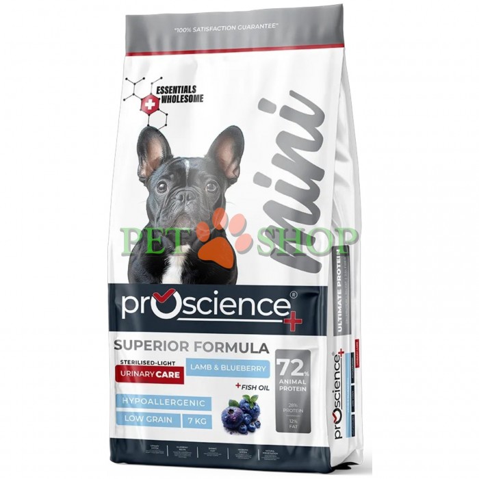 <p><strong>ProScience Mini Adult Dog Light, Sterilised Urinary&nbsp;Lamb, Blueberry</strong> &mdash; полнорационный сухой корм класса gourmet для стерилизованных собак мелких и миниатюрных пород. Не содержит искусственных добавок и консервантов. Гипоаллергенная рецептура с низким содержанием зерновых способствует поддержанию здоровья мочевыделительной системы.</p>