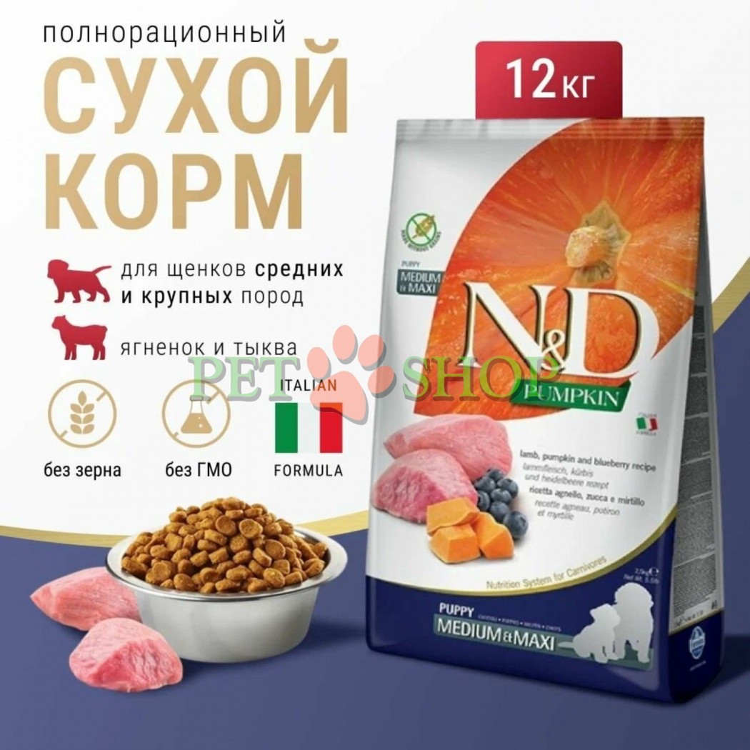 <p><strong>Farmina ND Pumpkin Dog Puppy Medium, Maxi&nbsp;Lamb, blueberry -&nbsp;</strong>полнорационный беззерновой сухой корм для щенков, беременных и кормящих сук средних и крупных пород.&nbsp;<strong>Ягненок, тыква и черника.&nbsp;</strong>РАЗМЕРЫ ГРАНУЛ: Диаметр 12-14 mm - Толщина 5-7 mm.</p>