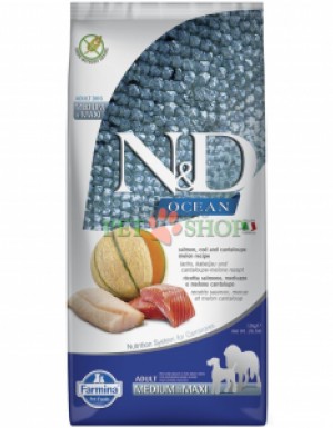 <p><strong>Farmina ND Ocean Dog Adult Medium, Maxi&nbsp;Salmon, Cod, Cantalupe Melon - </strong>лосось, треска и мускусная дыня. Полнорационный сухой корм для взрослых собак средних и крупных пород.</p>