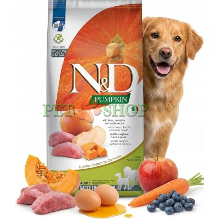 <p><strong>Farmina ND Pumpkin Dog Adult Medium, Maxi&nbsp;Boar, Apple - </strong>кабан, тыква и яблоко. Полнорационный беззерновой сухой корм для взрослых собак средних и крупных пород.</p>