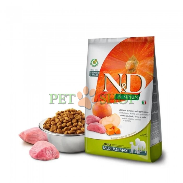 <p><strong>Farmina ND Pumpkin Dog Adult Medium, Maxi&nbsp;Boar, Apple - </strong>кабан, тыква и яблоко. Полнорационный беззерновой сухой корм для взрослых собак средних и крупных пород.</p>