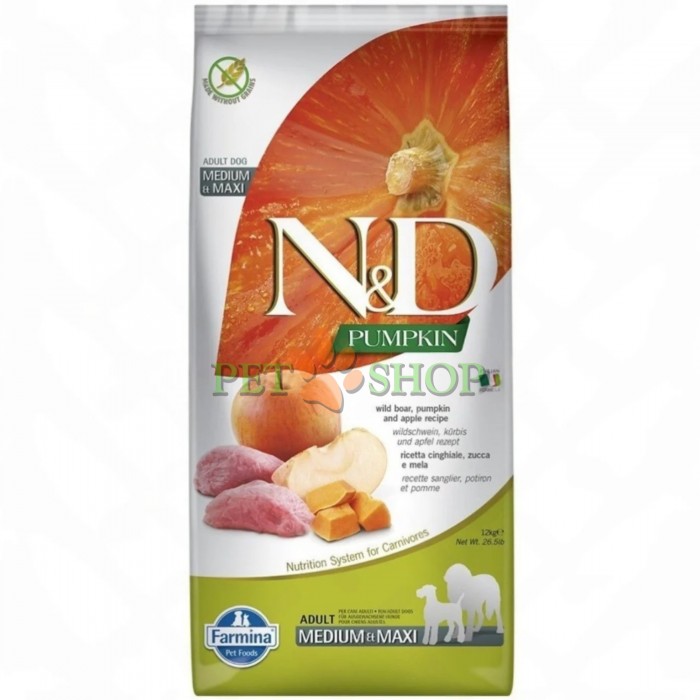<p><strong>Farmina ND Pumpkin Dog Adult Medium, Maxi&nbsp;Boar, Apple - </strong>кабан, тыква и яблоко. Полнорационный беззерновой сухой корм для взрослых собак средних и крупных пород.</p>
