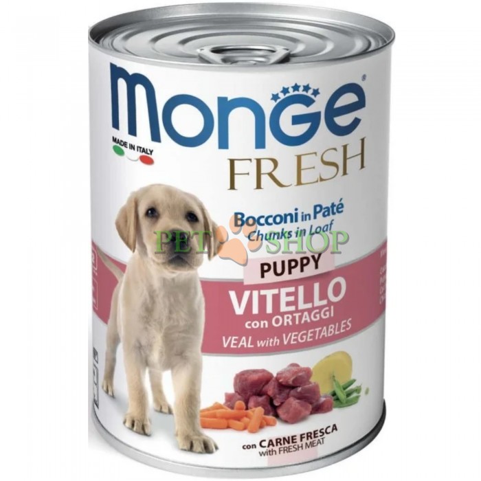 <p><strong>Monge Fresh Chunks in Loaf Puppy&nbsp;Veal with Vegetables -&nbsp;</strong>полнорационный и сбалансированный влажный корм для щенков с телятиной и овощами.</p>
