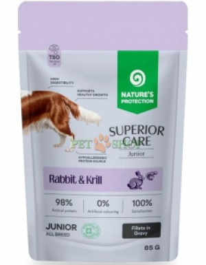 <p><strong>Nature's Protection Superior Care Grain Free Junior&nbsp;with Rabbit and Krill -&nbsp;</strong>полноценный беззерновой влажный корм в виде филе в соусе с кроликом и крилем для щенков и юниоров всех пород. Сбалансированная формула имеет высокое содержание качественного животного белка и дополнена специальными активными компонентами и необходимыми питательными веществами для комплексного поддержания здорового роста и развития.</p>