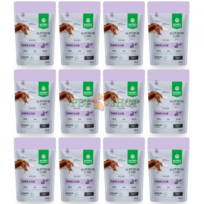 <p><strong>Nature's Protection Superior Care Grain Free Junior&nbsp;with Rabbit and Krill -&nbsp;</strong>полноценный беззерновой влажный корм в виде филе в соусе с кроликом и крилем для щенков и юниоров всех пород. Сбалансированная формула имеет высокое содержание качественного животного белка и дополнена специальными активными компонентами и необходимыми питательными веществами для комплексного поддержания здорового роста и развития.</p>