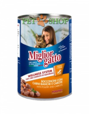 <p><strong>Miglior Bocconcini Con Carni Bianche E Carote 405 гр кусочки из белого мяса с морковью в желе для кошек</strong></p>