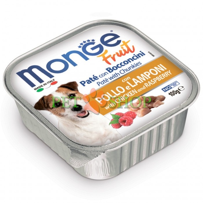 <p><strong>Monge Dog Fruit Pate and Chunkies with Chicken and Raspberry</strong> &ndash; hrană umedă completă pentru c&acirc;ini adulți, cu bucăți de carne proaspătă de pui și zmeură.</p>