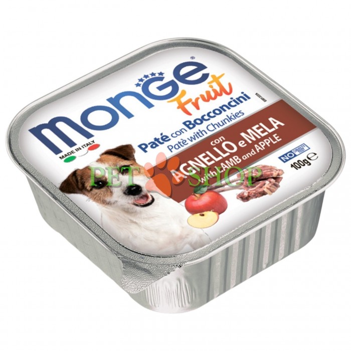 <p><strong>Monge Dog Fruit Pate and Chunkies Lamb, Apple</strong> - полнорационный беззерновой влажный корм в виде паштета с кусочками свежего мяса ягненка и яблоком для взрослых собак.</p>