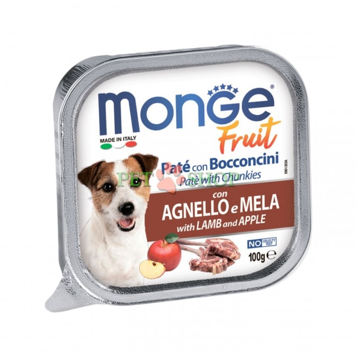 <p><strong>Monge Dog Fruit Pate and Chunkies Lamb, Apple</strong> - полнорационный беззерновой влажный корм в виде паштета с кусочками свежего мяса ягненка и яблоком для взрослых собак.</p>