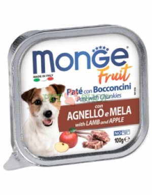 <p><strong>Monge Dog Fruit Pate and Chunkies Lamb, Apple</strong> - полнорационный беззерновой влажный корм в виде паштета с кусочками свежего мяса ягненка и яблоком для взрослых собак.</p>