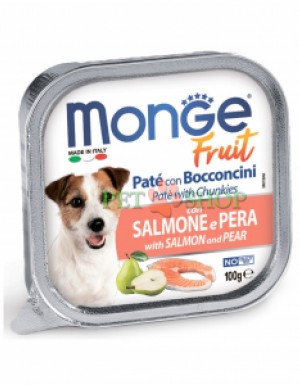 <p><strong>Monge Dog Fruit Pate and Chunkies with Salmon, Pear -&nbsp;</strong>вкусный паштет с кусочками свежего лосося и фруктами. Это полнорационный и легкоусвояемый корм, разработанный для ежедневной поддержки здоровья и хорошего самочувствия взрослых собак. Нежный и аппетитный паштет с кусочками идеально подходит для собак мелких пород, а также может использоваться в качестве лакомства для собак крупных пород.&nbsp;</p>