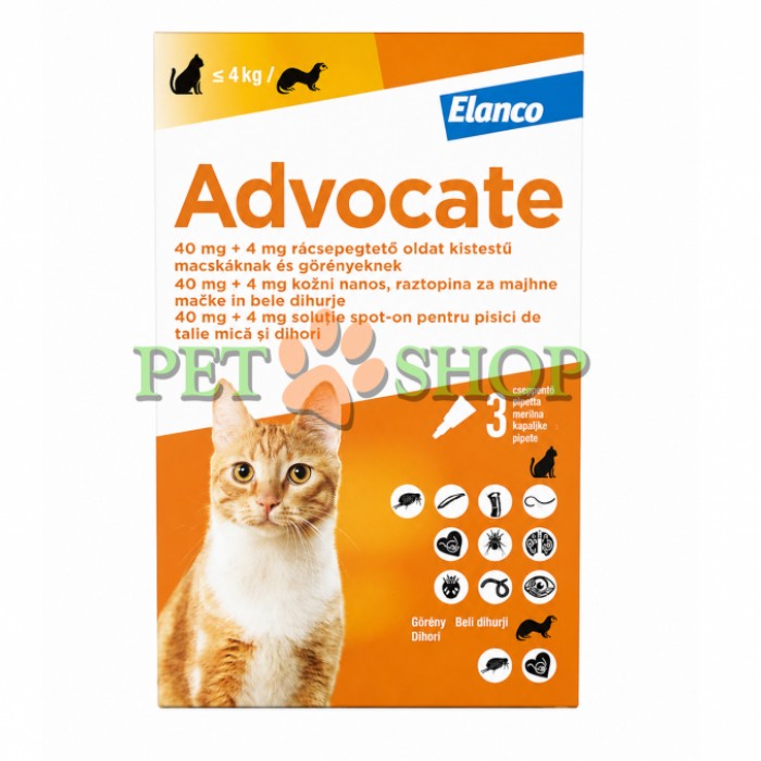 <p><strong>Elanco Advocate для кошек до 4&nbsp;кг от блох, клещей и др., а также глистов,&nbsp;1 пипетка*0,4&nbsp;мл</strong></p>