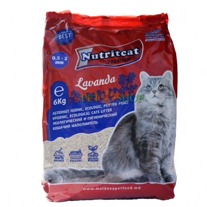 <p><strong>Nutritcat Premium экологический и гигиенический кошачий наполнитель, 100%  бентонита с ароматом лаванды. Размер от 0,5 мм - 2 мм (мелкие гранулы).</strong></p>