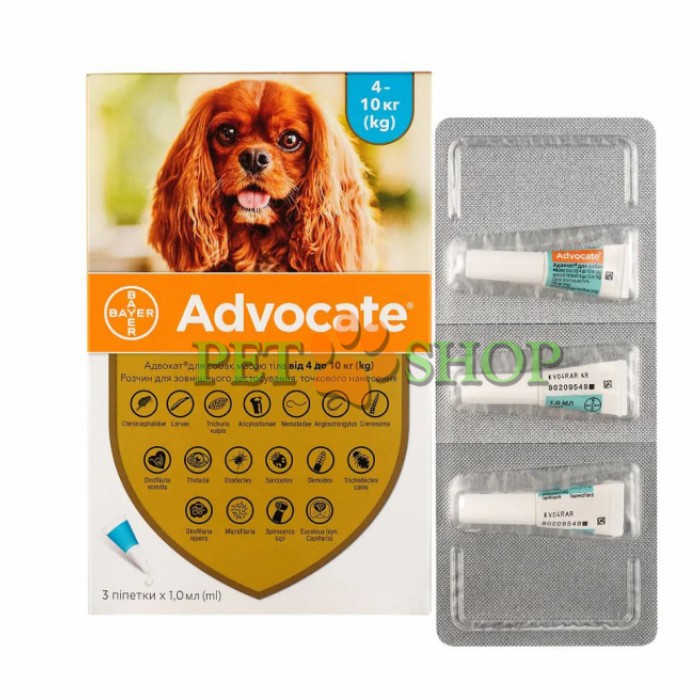 <p><strong>Elanco Advocate для собак от 4 кг до 10 кг от блох, клещей и др., а также от глистов, 1 пипетка*1,0&nbsp;мл</strong></p>