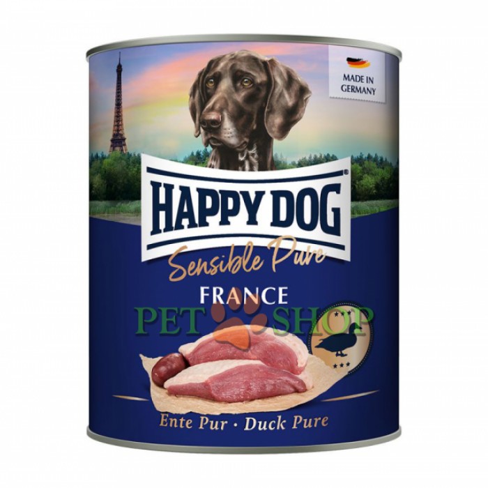 <p><strong>Happy Dog Sensible Pure France - conservă cu carne de rață este un aliment suplimentar pentru câini, 100% din carne de rață - o singură sursă de proteine. Este o alegere ideală în cazul sensibilității alimentare sau alergiilor alimentare.</strong></p>