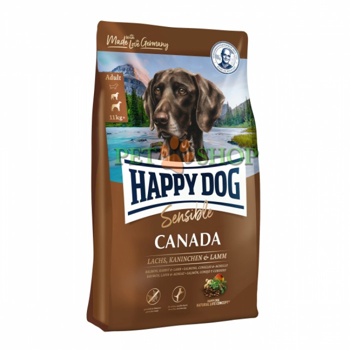 <p><strong>Happy Dog Supreme Sensible Canada 11 кг с лососем, кроликом, ягнёнком и картофелем для чувствительных и активных собак</strong></p>