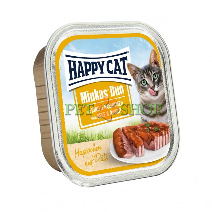 <p><strong>Happy Cat Minkas Duo pateu si bucati cu carne de miel și iepure, 100 gr</strong></p>