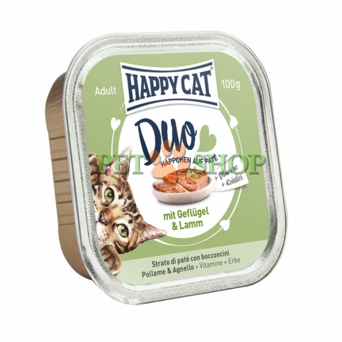 <p><strong>Happy Cat Duo pateu si bucati Pui și carne de miel, 100 gr</strong></p>