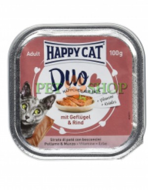 <p><strong>Happy Cat Duo pateu si bucati Pui și carne de vită, 100 gr</strong></p>