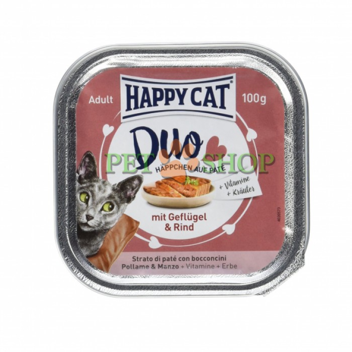 <p><strong>Happy Cat Duo Влажный корм для кошек в двойной форме: мусс (паштет) и кусочки мяса курицы и говядины в соусе, 100 гр</strong></p>