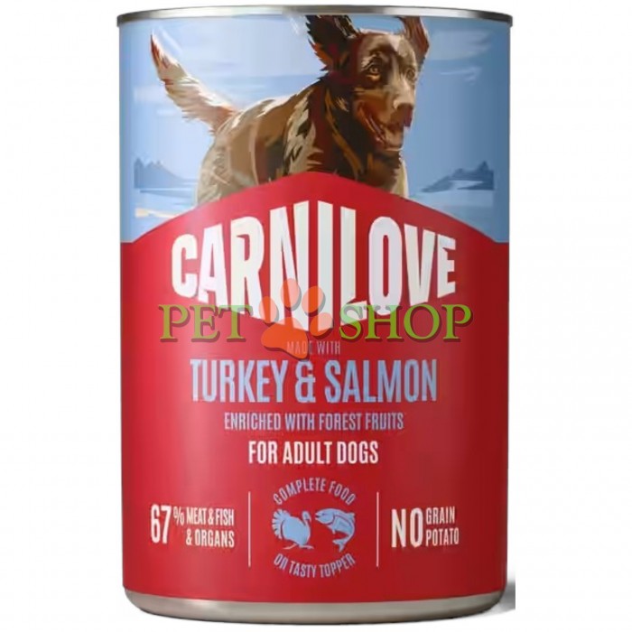 <p><strong>Carnilove Adult Dog Turkey, Salmon</strong> - pateu din carne conservat cu curcan și somon. Pentru c&acirc;ini adulți de toate rasele. <strong>Carne proaspătă și organe - Fără cereale și cartof - Fără conservanți, arome și coloranți artificiali.</strong></p>