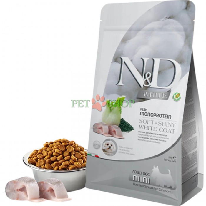 <p><strong>Farmina ND White Dog Adult Mini Fish Monoprotein&nbsp;Sea bass, Spirulina and Fennel -&nbsp;</strong>сибас, спирулина и фенхель. Полнорационный корм для взрослых собак мелких пород с белой шерстью.</p>