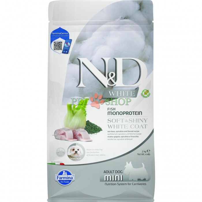<p><strong>Farmina ND White Dog Adult Mini Fish Monoprotein&nbsp;Sea bass, Spirulina and Fennel -&nbsp;</strong>сибас, спирулина и фенхель. Полнорационный корм для взрослых собак мелких пород с белой шерстью.</p>
