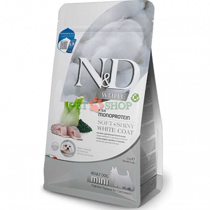 <p><strong>Farmina ND White Dog Adult Mini Fish Monoprotein&nbsp;Sea bass, Spirulina and Fennel -&nbsp;</strong>сибас, спирулина и фенхель. Полнорационный корм для взрослых собак мелких пород с белой шерстью.</p>