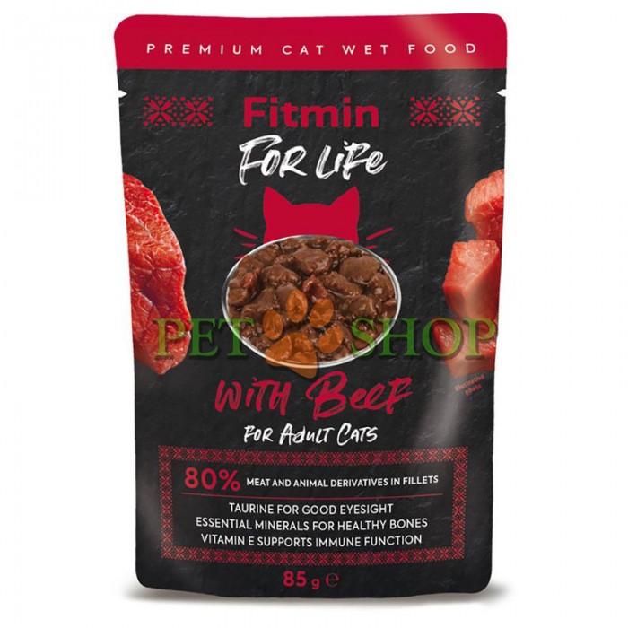 <p><strong>Fitmin For Life Adult fillets beef – Hrana umeda completă pentru pisici adulți - carne de vita feliata in sos propriu.</strong></p>