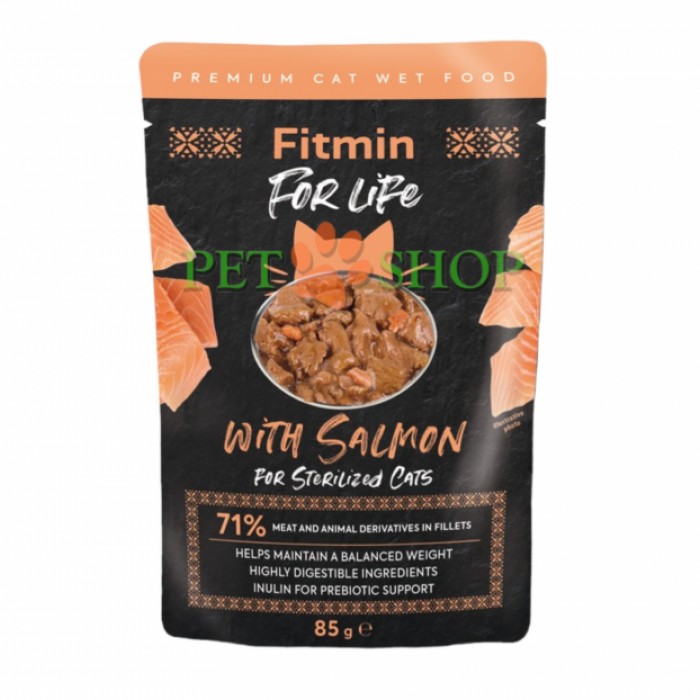<p><strong>Fitmin For Life Sterilized fillets salmon - Hrana umeda completă pentru pisici sterilizate - bucăți de solmon în sos.</strong></p>