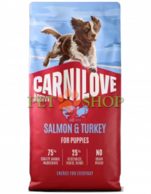 <p><strong>Carnilove Puppies Salmon, Turkey</strong> - hrană completă <strong>ACTIVE</strong> cu somon și curcan pentru căței (1&ndash;12 luni) de toate rasele.&nbsp;<strong>Carne proaspătă &ndash; Fără carne și grăsime de pui &ndash; Fără cereale.</strong></p>