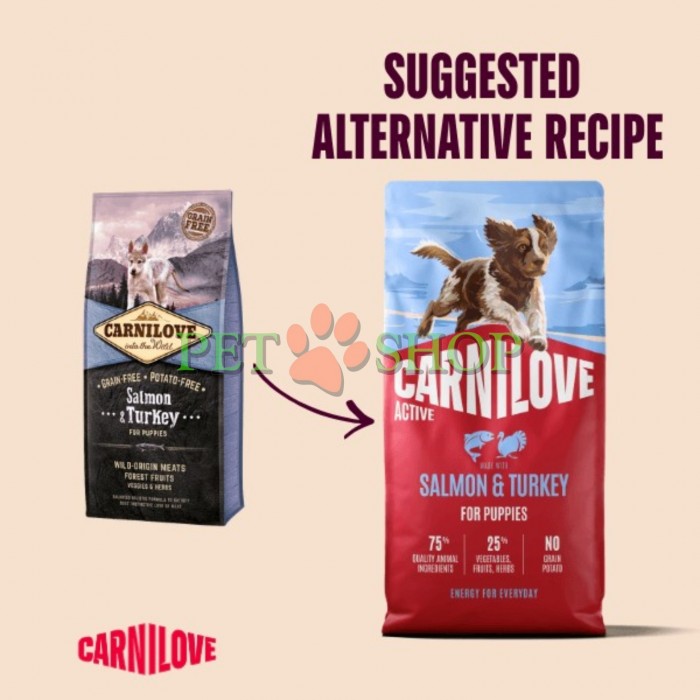 <p><strong>Carnilove Puppies Salmon, Turkey</strong> - hrană completă <strong>ACTIVE</strong> cu somon și curcan pentru căței (1&ndash;12 luni) de toate rasele.&nbsp;<strong>Carne proaspătă &ndash; Fără carne și grăsime de pui &ndash; Fără cereale.</strong></p>