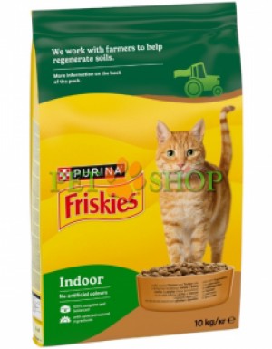 <p><strong>Упаковка сухого корма для домашних кошек Purina Friskies Indoor с курицей, индейкой и овощами 10&nbsp;кг.</strong></p>