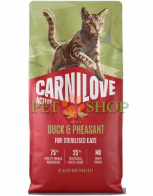 <p><strong>Carnilove Sterilised Duck,&nbsp;Pheasant</strong>&nbsp;-&nbsp;полнорационный корм с уткой и фазаном. Для стерилизованных взрослых кошек всех пород.<strong>&nbsp;Свежее мясо и субпродукты&nbsp;-&nbsp;Без куриного мяса и жира&nbsp;-&nbsp;Беззерновой.</strong></p>
