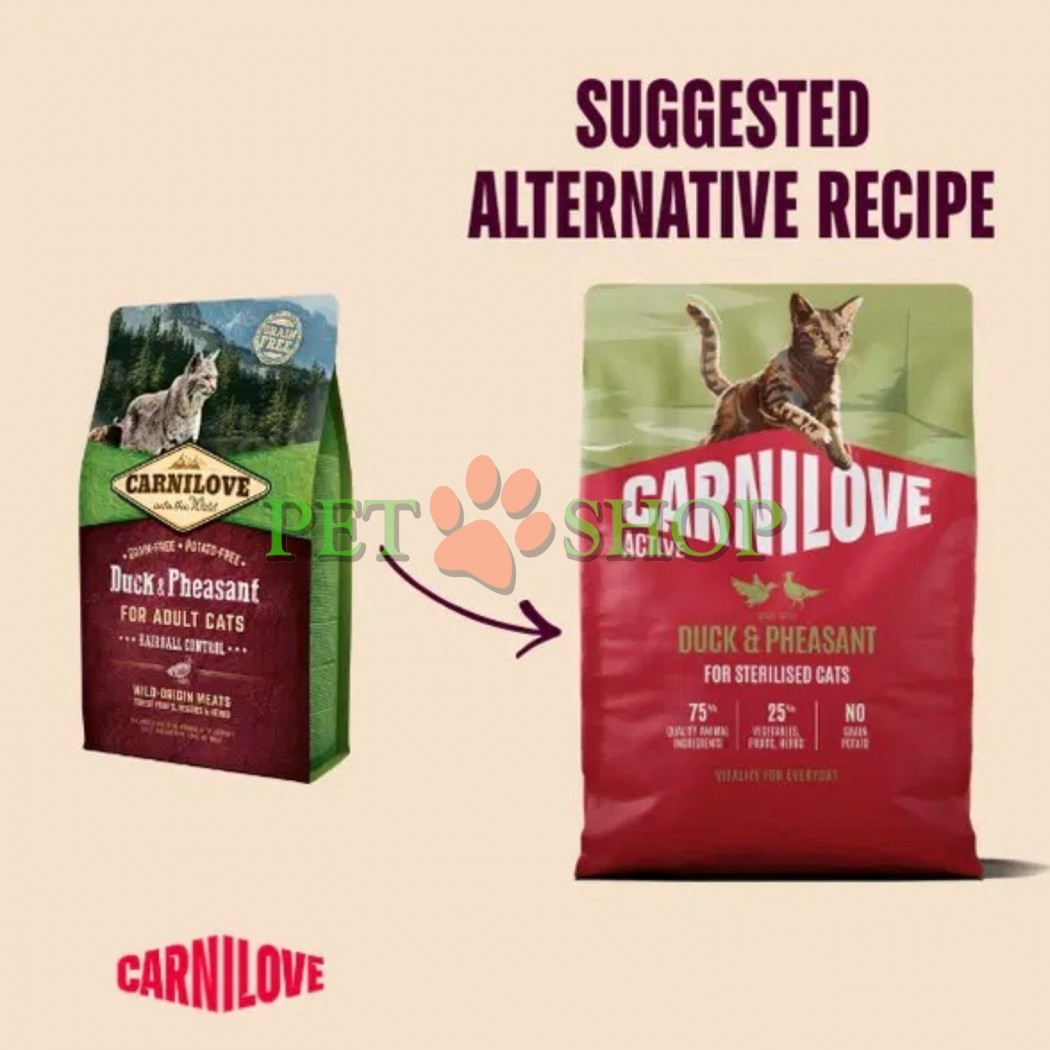 <p><strong>Carnilove Sterilised Duck, Pheasant</strong> - hrană completă cu rață și fazan. Pentru pisici adulte sterilizate, de toate rasele. <strong>Carne proaspătă și organe - Fără carne și grăsime de pui - Fără cereale.</strong></p>