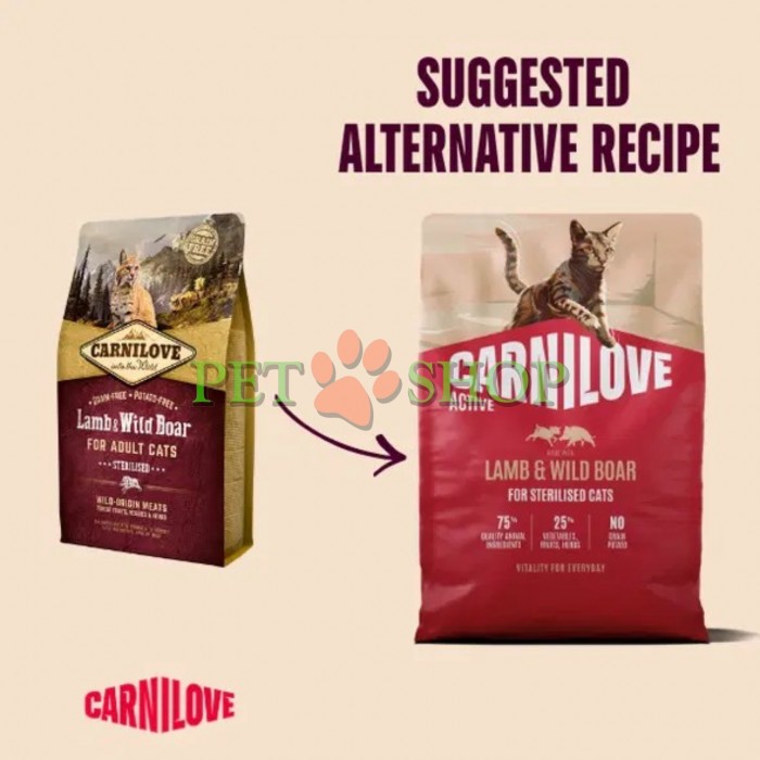 <p><strong>Carnilove LAMB, WILD BOAR Sterilised Cats -</strong> hrană fără cereale pentru pisici sterilizate și castrate, cu miel și mistreț. <strong>Carne proaspătă și organe - Fără carne și grăsime de pui - Fără cereale.</strong></p>
