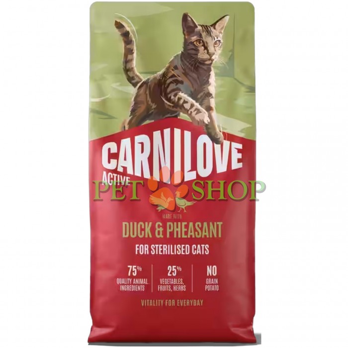 <p><strong>Carnilove Sterilised Duck,&nbsp;Pheasant</strong>&nbsp;-&nbsp;полнорационный корм с уткой и фазаном. Для стерилизованных взрослых кошек всех пород.<strong>&nbsp;Свежее мясо и субпродукты&nbsp;-&nbsp;Без куриного мяса и жира&nbsp;-&nbsp;Беззерновой.</strong></p>