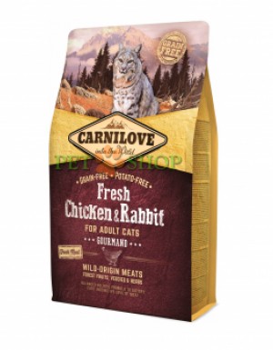 <p><strong>Carnilove (Карнилав) FRESH CHICKEN & RABBIT Adult Cats Gourmand - беззерновой корм для кошек (курица/кролик). 80% МЯСО ДИКОГО ПРОИСХОЖДЕНИЯ.</strong></p>