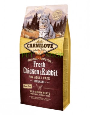 <p><strong>Carnilove (Карнилав) FRESH CHICKEN & RABBIT Adult Cats Gourmand - беззерновой корм для кошек (курица/кролик). 80% МЯСО ДИКОГО ПРОИСХОЖДЕНИЯ.</strong></p>