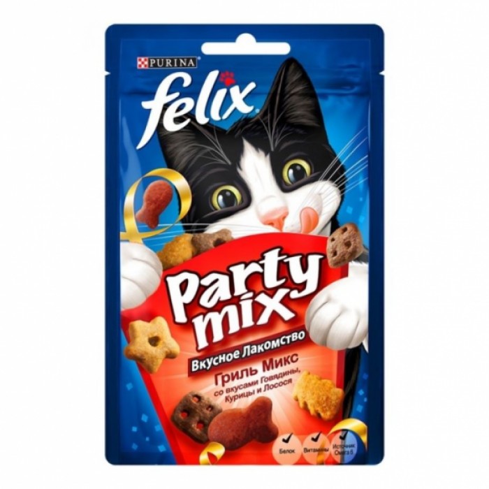 <p><strong>В каждой пачке – 3 зажигательных вкуса ароматных гранул с аппетитной текстурой! Вкусное Лакомство Felix Party Mix содержит белок, витамины и Омега 6 жирные кислоты.</strong></p>