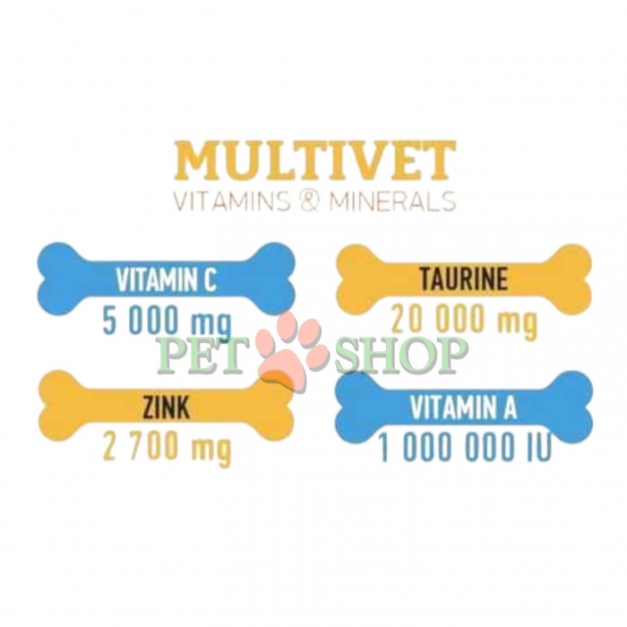 <p><strong>Dr. Vet Multivet </strong>&mdash; un supliment alimentar complex care include vitamine, minerale, aminoacizi (taurină) și acizi grași omega-3 (DHA din alge).</p>