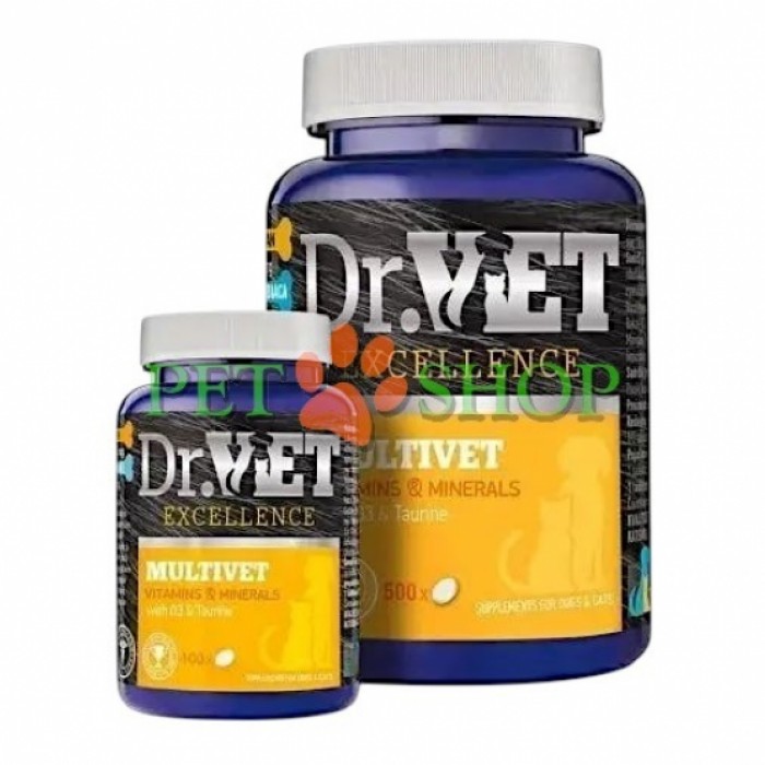 <p><strong>Dr. Vet Multivet</strong> &mdash; комплексная пищевая добавка, включающая витамины, минералы, аминокислоты (таурин) и омега‑3 жирные кислоты (DHA из водорослей).</p>
