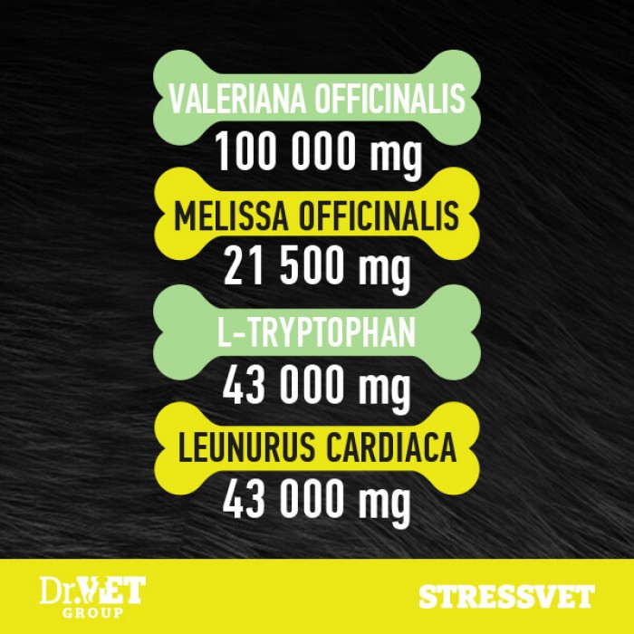 <p>Dr.Vet Stressvet - hrană complementară pentru c&acirc;ini și pisici &ndash; cu valeriană, L-triptofan și melisă &ndash; pentru sprijin nutrițional al c&acirc;inilor și pisicilor care au nevoie de control al stresului cauzat de mediul &icirc;nconjurător.</p>